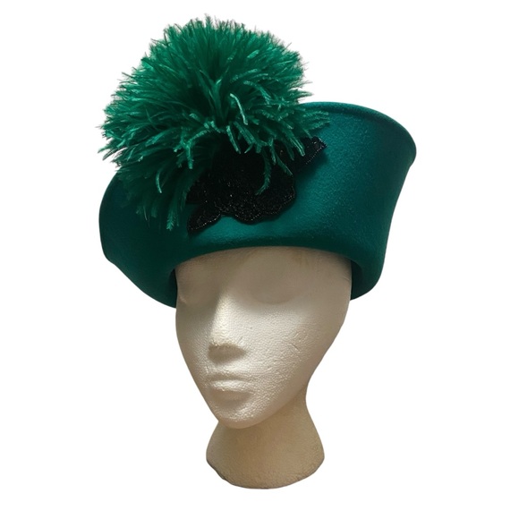 Jack McConnell VTG Green Wool Hat Ostrich Feather Church Derby Esccello Made USA main image 13